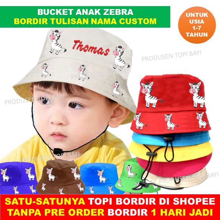 Topi Anak Zebra Bucket Anak Custom Bordir Nama Anak Usia 1 - 7 Tahun