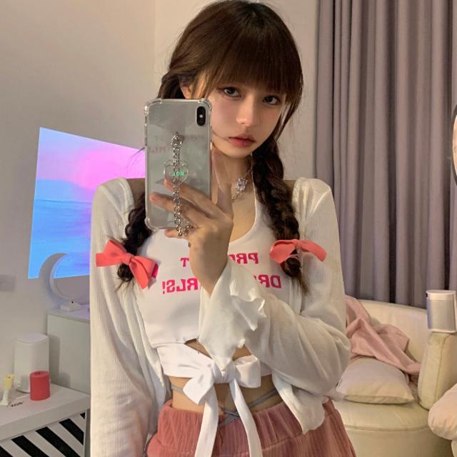 Setelan one-piece Suhao untuk Barbie~ Kamisol salib huruf merah muda gadis imut Korea + kardigan rajutan tabir surya