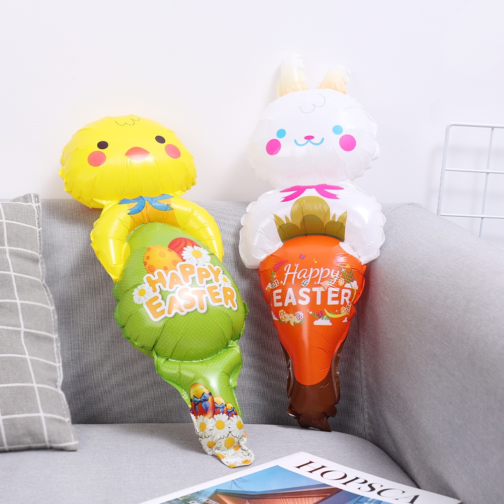 [Harga Grosir] Easter Hand-held Inflatable Stick/Balon Aluminium Foil Bentuk Kelinci &amp; Telur Lucu/Perlengkapan Pesta Dekorasi