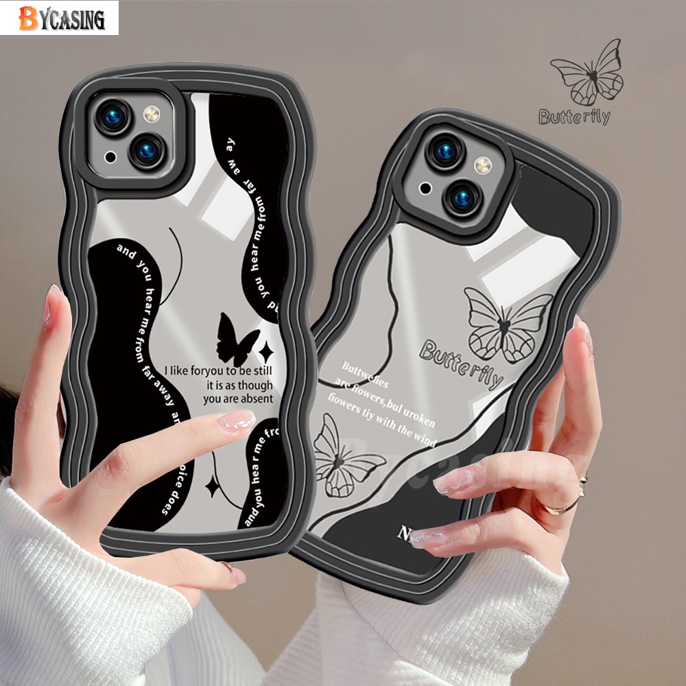 Vivo Y02 Y16 Y35 Y22 V25e V25 Y15s Y15A Y01 Y21 Y33s Y20 Y12 Y12s Y15 V21e Y91C Y1s Y17 Y30 Y11 Y12i Y95 Y50 Clear Case Hitam Retro Kupu-Kupu Lembut Bergelombang Tepi TPU Shocproof Cover BY