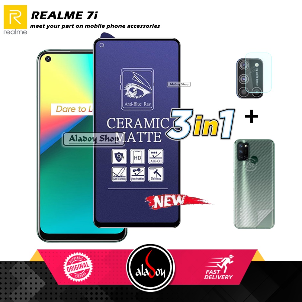 PAKET 3IN1 Anti Gores Blue Matte Anti Glare Realme 7i + Tempered Glass Camera dan Skin Carbon