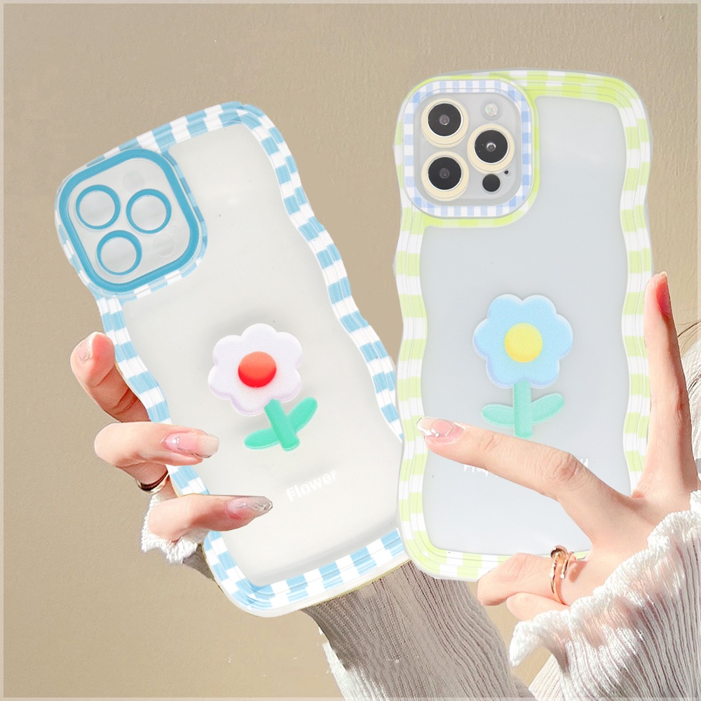 IPHONE Case Fashion Kompatibel Untuk Iphone11 14 12 13 Pro MAX iPhone7 8plus 6s Plus XR 14Plus XS MAX SE 2020warna Permen Kotak-Kotak Gelombang Tepi Bunga Lembut TPU Bening Ponsel Cover BY