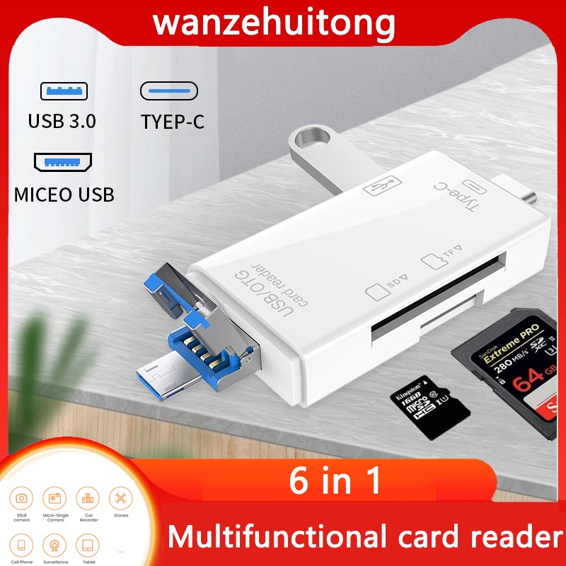 6in1 Multifungsi usb Tipe C/usb/micro usb/tf/SD Smart Memory Card Reader otg Flash Memory Disk Card Reader Adapter