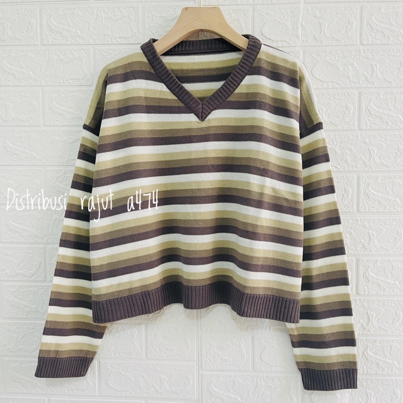 KAGURA KNIT STRIPE WANITA V LENGAN PANJANG PREMIUM SWEATER KOREA