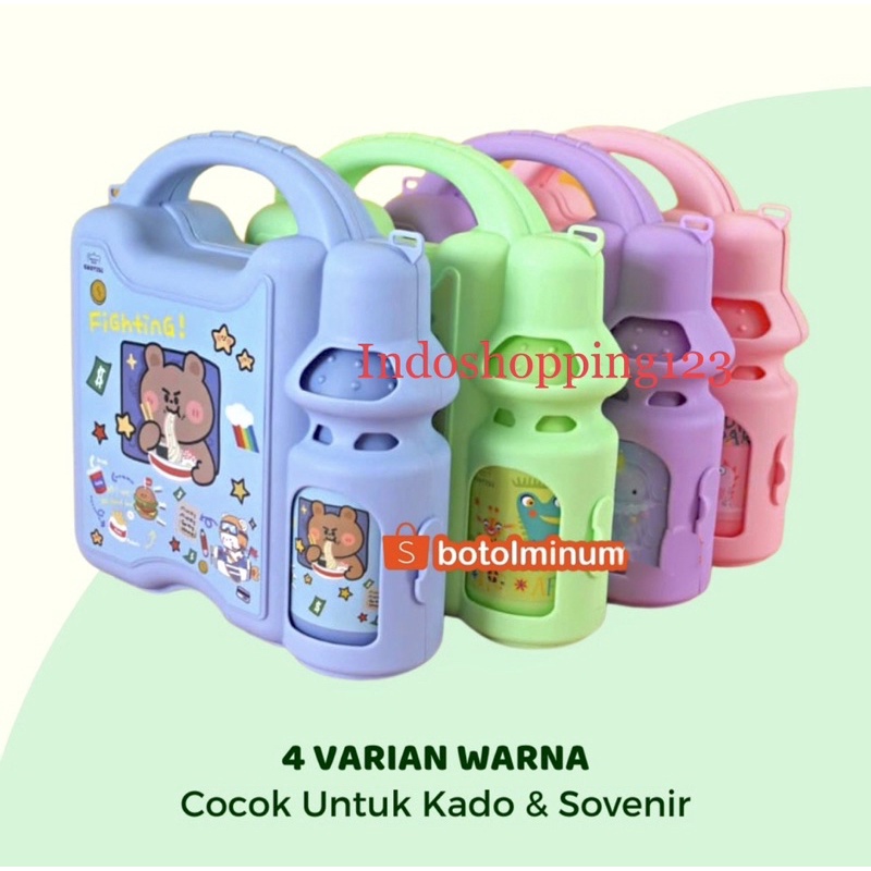 KOPER TEMPAT MAKAN DAN BOTOL MINUM SET  - LUNCH BOX WARNA - KOTAK MAKAN 2IN1 FREE SENDOK GARFU - SOUNVENIR HAMPERS KOTAK MAKAN WARNA WARNI LUCU ANAK