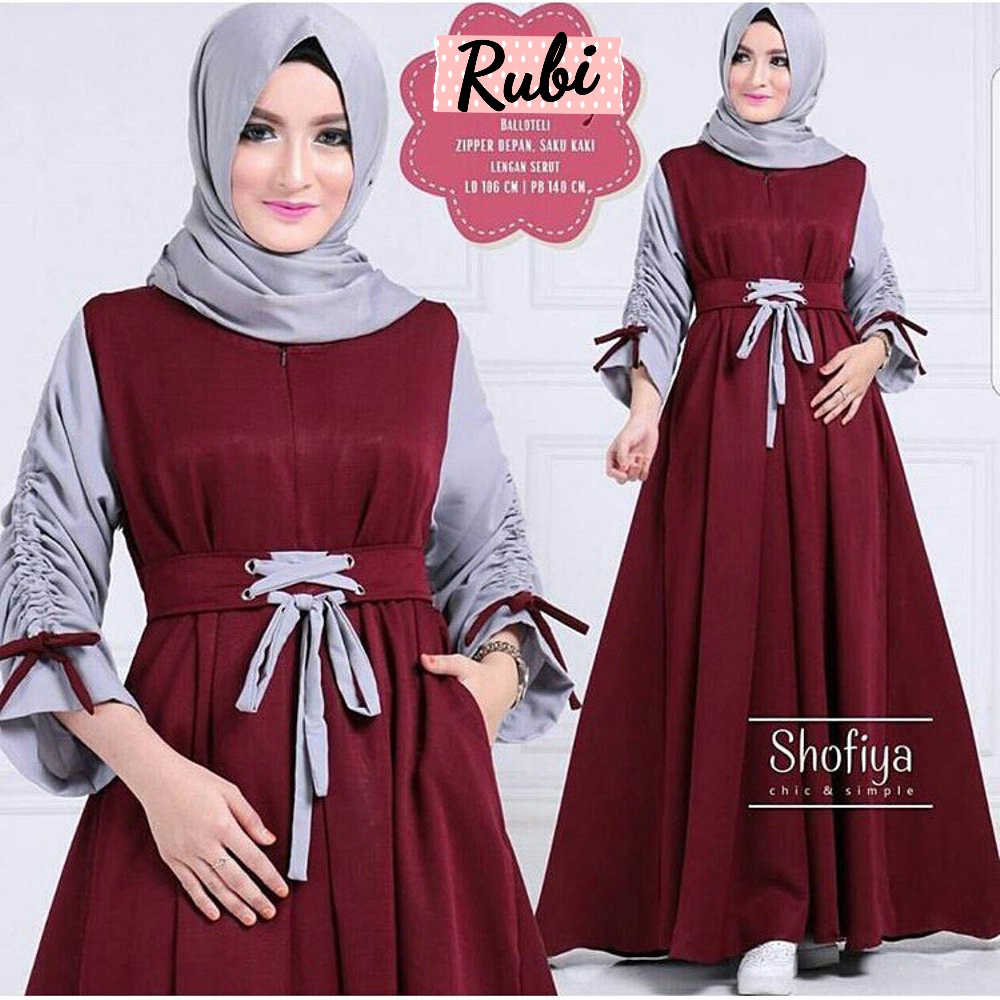 Rubi - Bisa COD Dress Gamis Baju Kondangan Busui Sleting Depan Tali Pinggang Pita Lengan Tangan Keru
