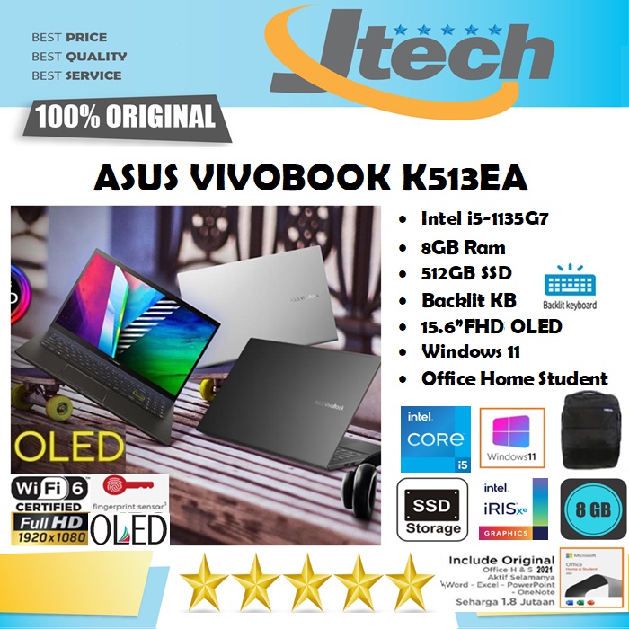 ASUS VIVOBOOK K513EA - i5-1135G7 - 8GB - 512GB SSD - BACKLIT - FINGERPRINT - 15.6&quot;FHD OLED - WIN11 - OFFICE HOME STUDENT