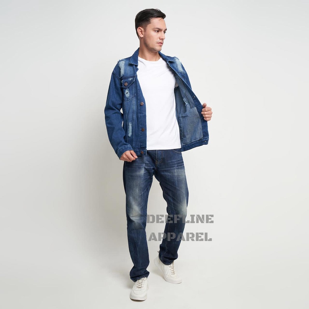 DEEFLINE - Jaket Jeans - Jaket Denim Pria - Jaket Ripped - Dark Blue