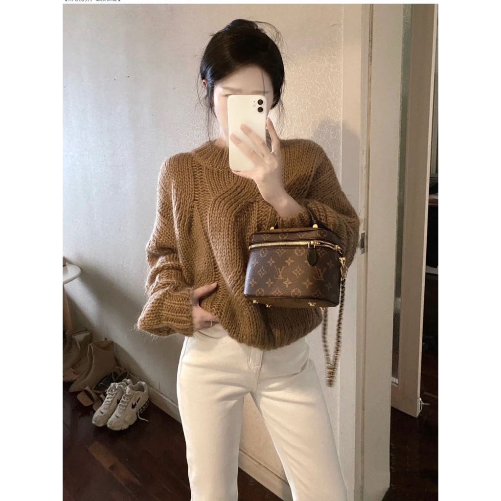 Suhao Khaki Sweater Jeans Two-Piece Set Musim Gugur dan Musim Dingin Kecil Wangi Gaya Temperamen Wanita Rasa Tinggi Gaun Kecil one-Piece Set