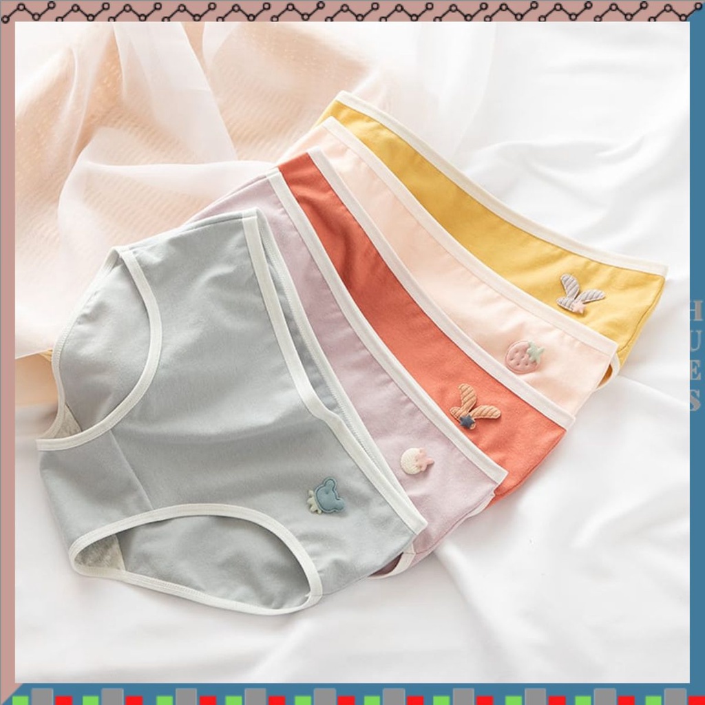 HUES.ID Celana Dalam Wanita Import Bahan Lembut Motif Buah Japanese Style Mid Waist Student Brief 2079