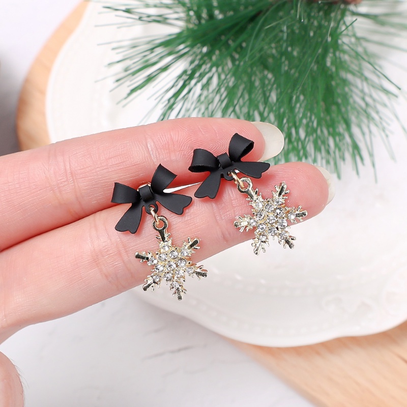 1pasang Shiny Zircon Pendant Earring Sweet Ladies Aksesoris Halus Perhiasan Telinga Natal Busur Snowflake Stud Earrings Untuk Pesta Pacaran Makan Malam