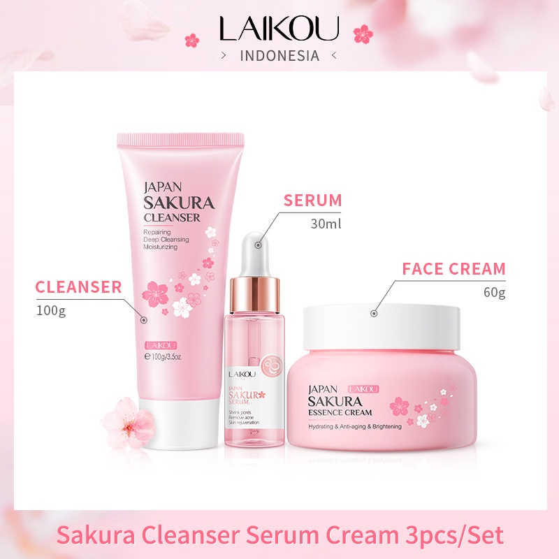 LAIKOU Japan Sakura Glowing Serum Facial Foam Cleanser Krim Peringan Kerutan 3pcs/Set