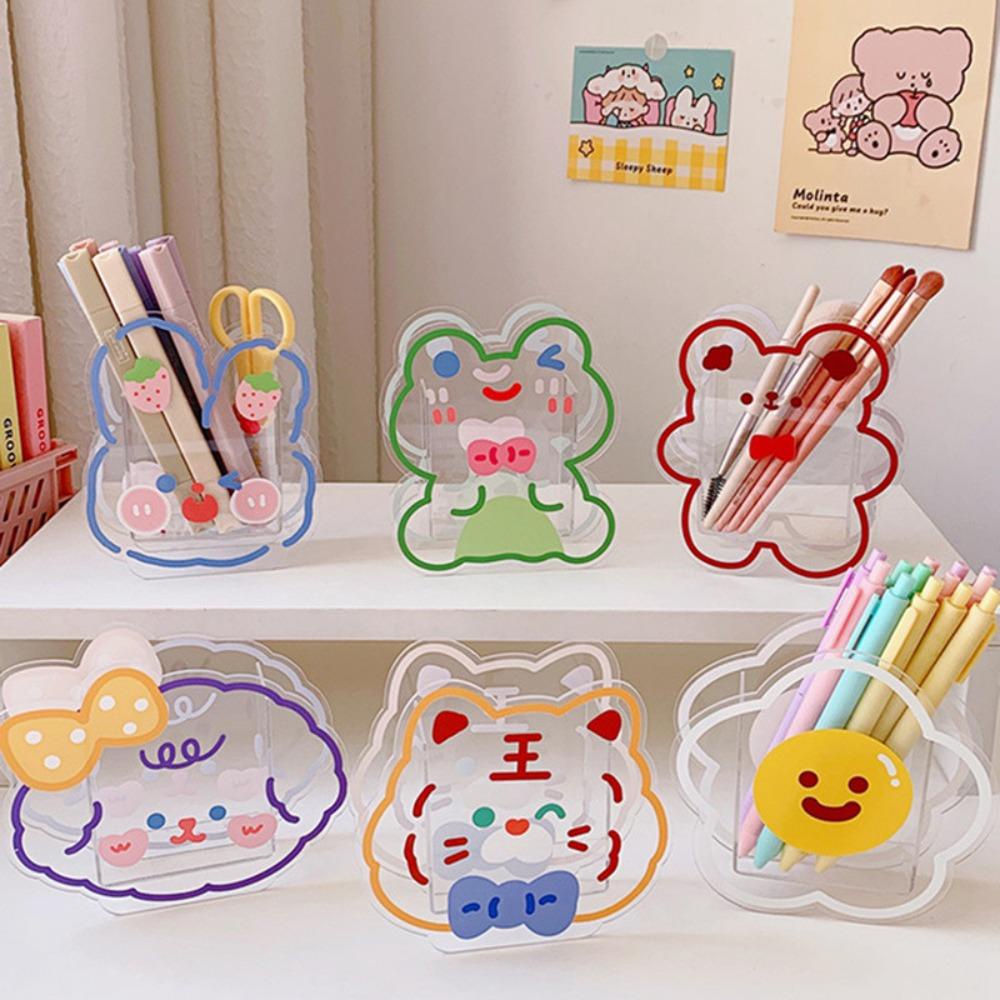 Tempat Pulpen Nanas Kartun Bunny Bear|Desk Decor Kotak Penyimpanan Kosmetik Transparan