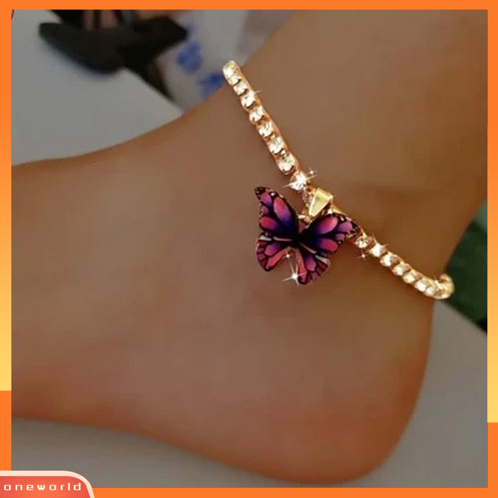 [WONE] Wanita Gelang Kaki Kupu-Kupu Liontin Berwarna Berlian Imitasi Perhiasan Penyesuaian Berkilau Rantai Kaki Beachwear
