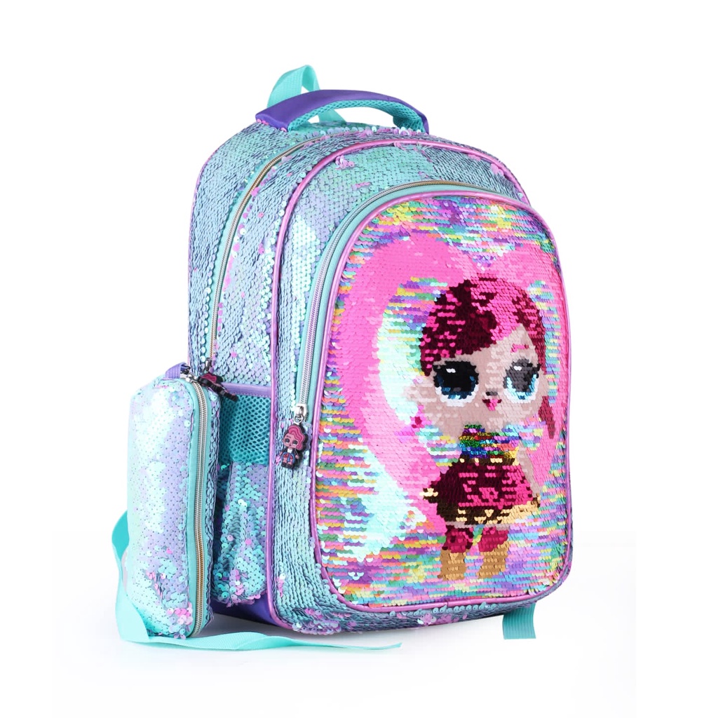 Tas Sekolah Ransel Anak SD Motif Sequin dapat Tempat Pensil Backpack Anak Perempuan Import LOL dan Unicorn SD