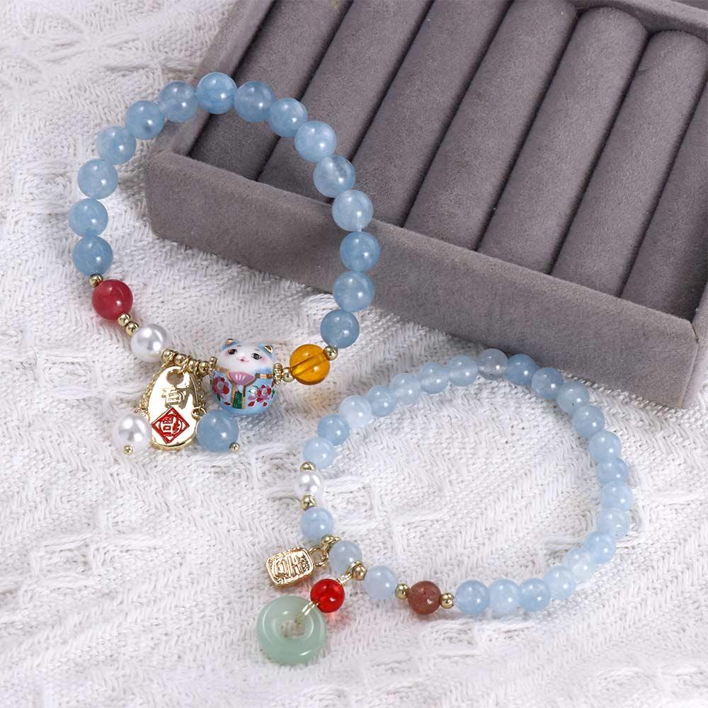 Mxbeauty Gelang Manik Antik Gelang Hadiah Perhiasan Kepribadian Zamrud Gelang Biru Gaya Etnik Rejeki Kucing Maneki Neko Kristal Perempuan Tangan Rantai