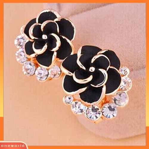 [WONE] Wanita Peony Camellia Bunga Berlian Imitasi Alloy Ear Stud Earrings Perhiasan Pesta