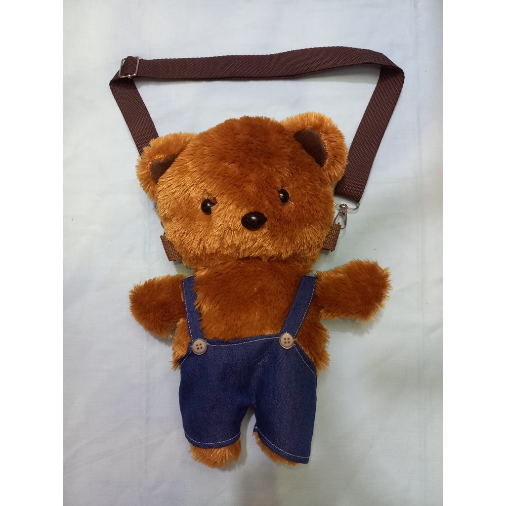 Tas Selempang Wanita Anak Remaja Boneka Teddy Bear Mini Overall Bahan Bulu Gemoy