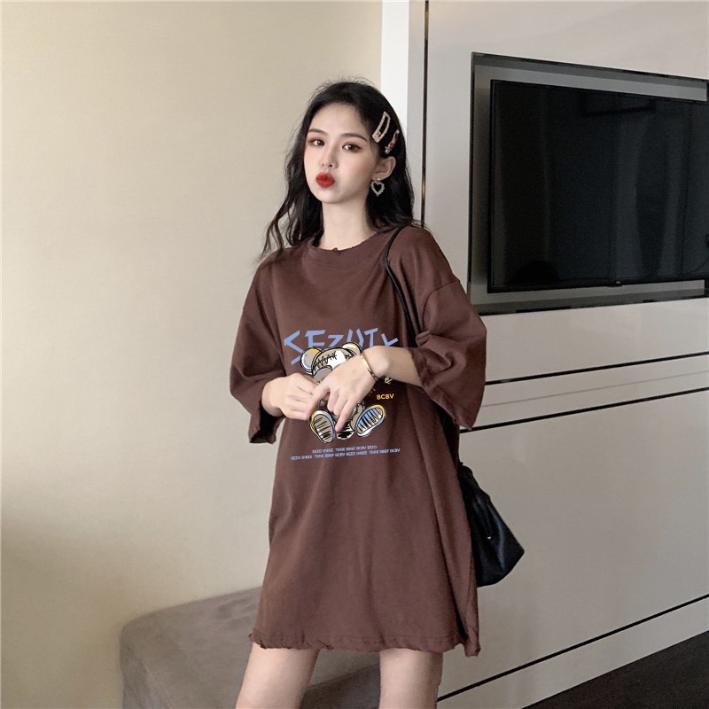 4 warna 100% Katun Graphic Tee Baju Wanita Cartoon Bear Atasan Wanita Oversize Kaos Putih T-shirt Couple Korean Style