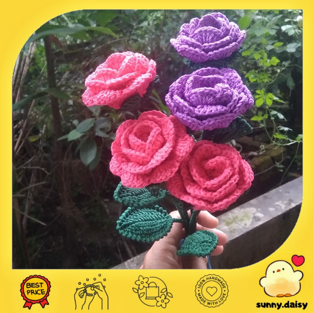 Bunga Mawar Rajut | Hiasan Bunga Mawar | Hiasan Meja