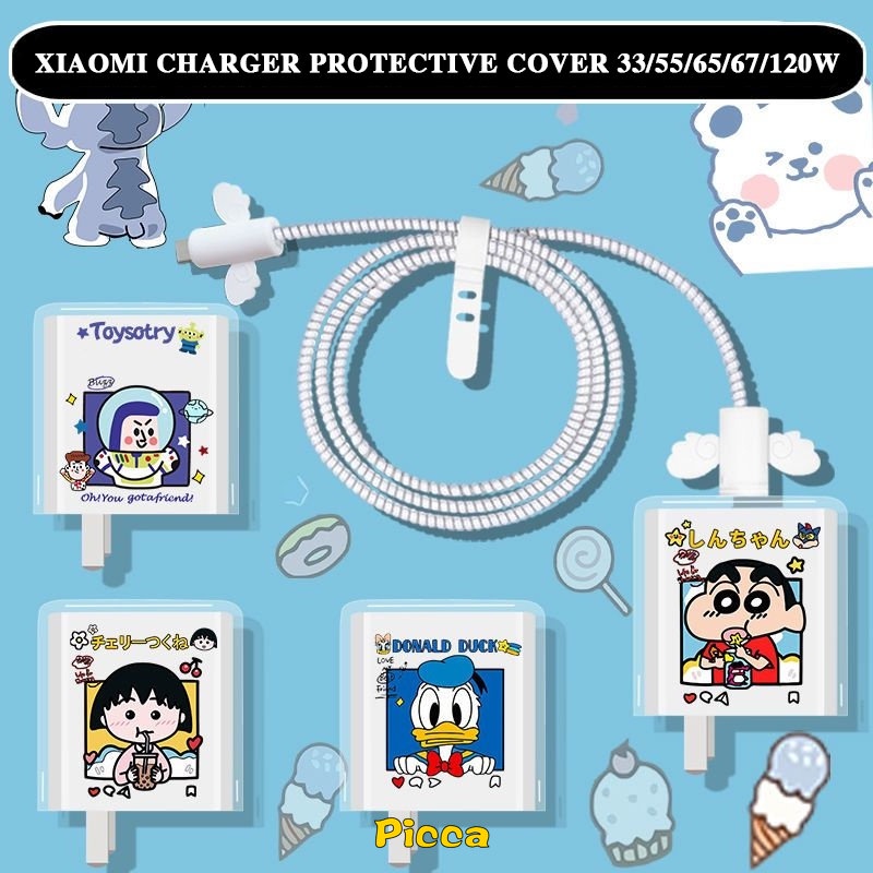 5in1 Kartun Shin-chan Chibi Maruko Cute Winnie Charger Plug Cover Kabel USB Spring Line Wrap Pelindung Kabel Data Line Cord Organize Winding Wire Tie Soft TPU Cover Untuk Android Type-C