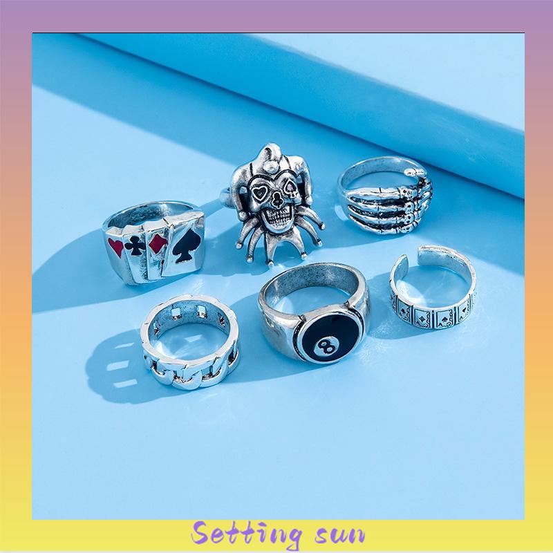 6PCS/Set Cincin Unisex  Punk Membesar-besarkan  Badut Poker Cakar Hantu Tengkorak  Perhiasan Bulat Nomor 8 TN