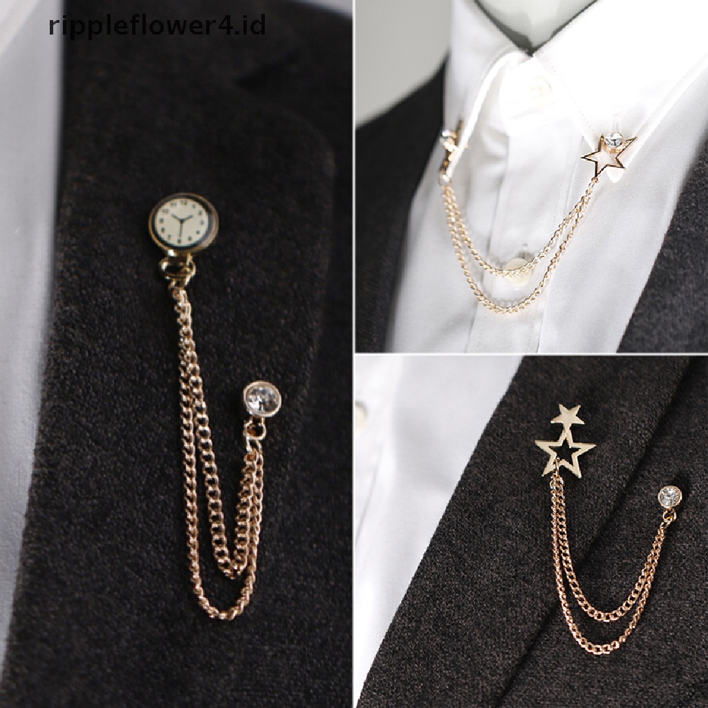 {rippleflower4.id} Retro Crystal Jam Bros Setelan Baju Rumbai Rantai Lapel Pin Wanita Pria Perhiasan~