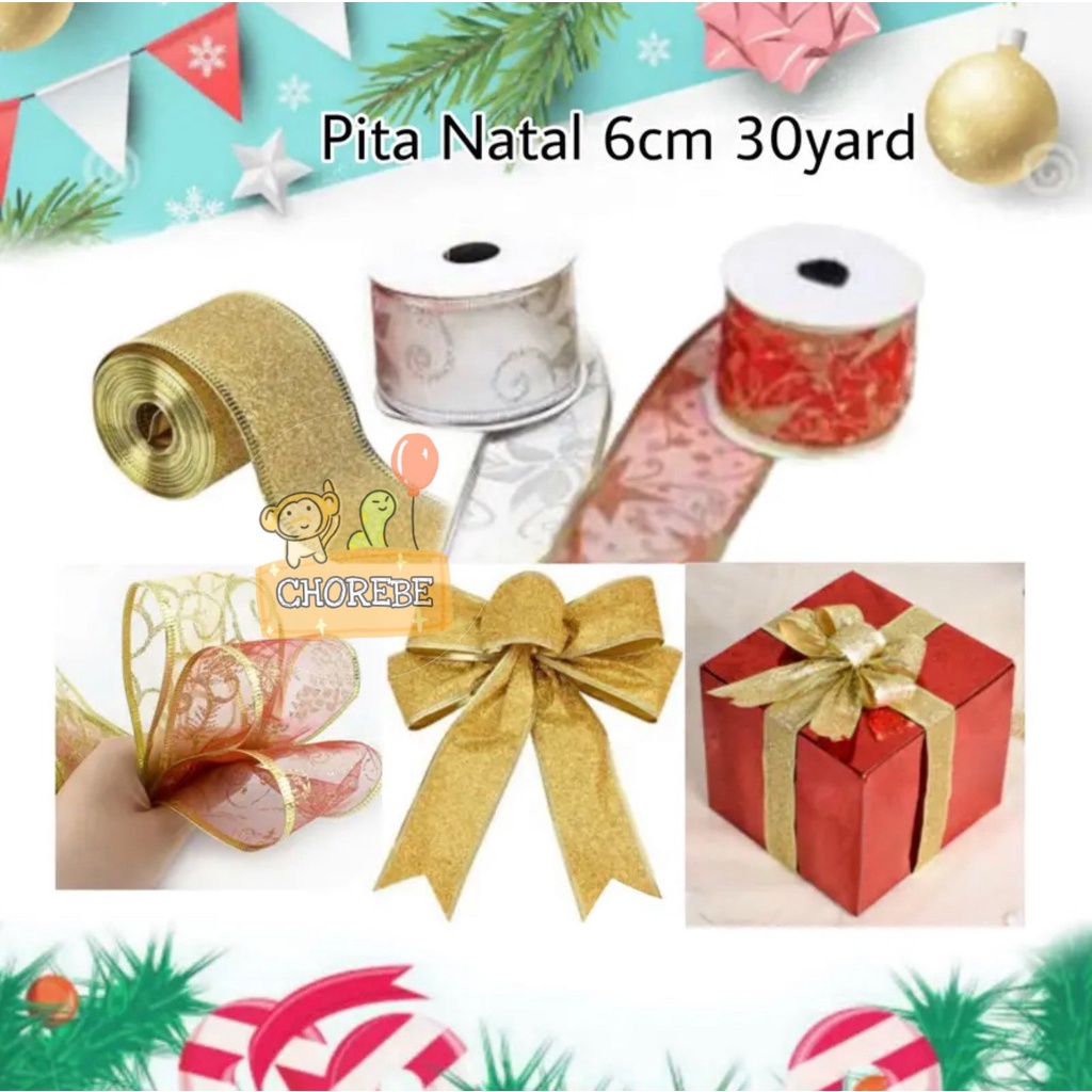 

Pita Ribbon Natal Kawat 6cm Kain Pita Dekorasi Parcel Hampers Natal Merry Christmas PREMIUM