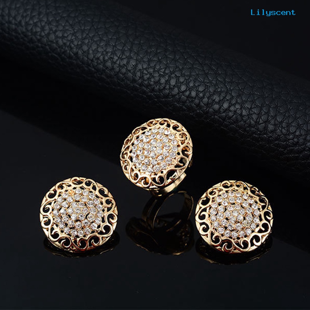 [LS] 4pcs/set Perhiasan Set Hollow Bulat Liontin Berlian Imitasi Dekorasi Alloy Wanita Fashion Perhiasan Set Untuk Hadiah