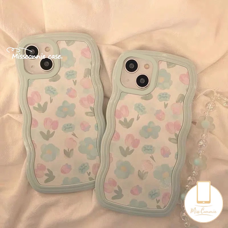 Casing Tepi Gelombang Baru Kompatibel Untuk iPhone 11 Pro MAX 7Plus 8Plus XR 6s 6 7 8 Plus 12 13 14 Pro MAX 14 Plus X XS MAX SE 2020segar Cat Air Biru Ungu Bunga Sarung Silikon Lembut