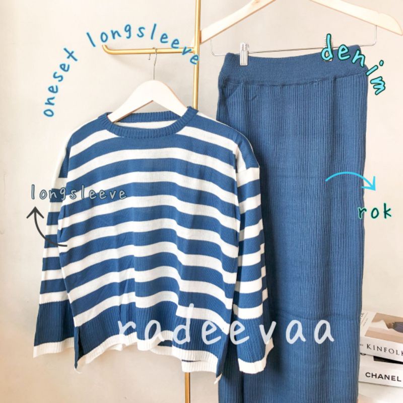 ONE SET RAJUT POLO KNIT SWEATER STRIPE LONGSLEEVE DAN ROK SPAN KNITTED KOREAN SETELAN BAJU WANITA