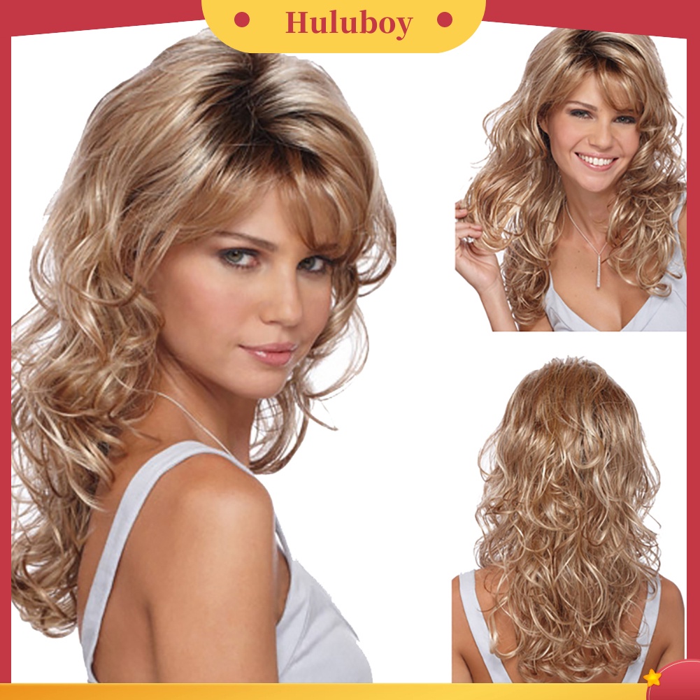 Wig Rambut Extension Model Panjang Gelombang Keriting Warna Emas Untuk Wanita