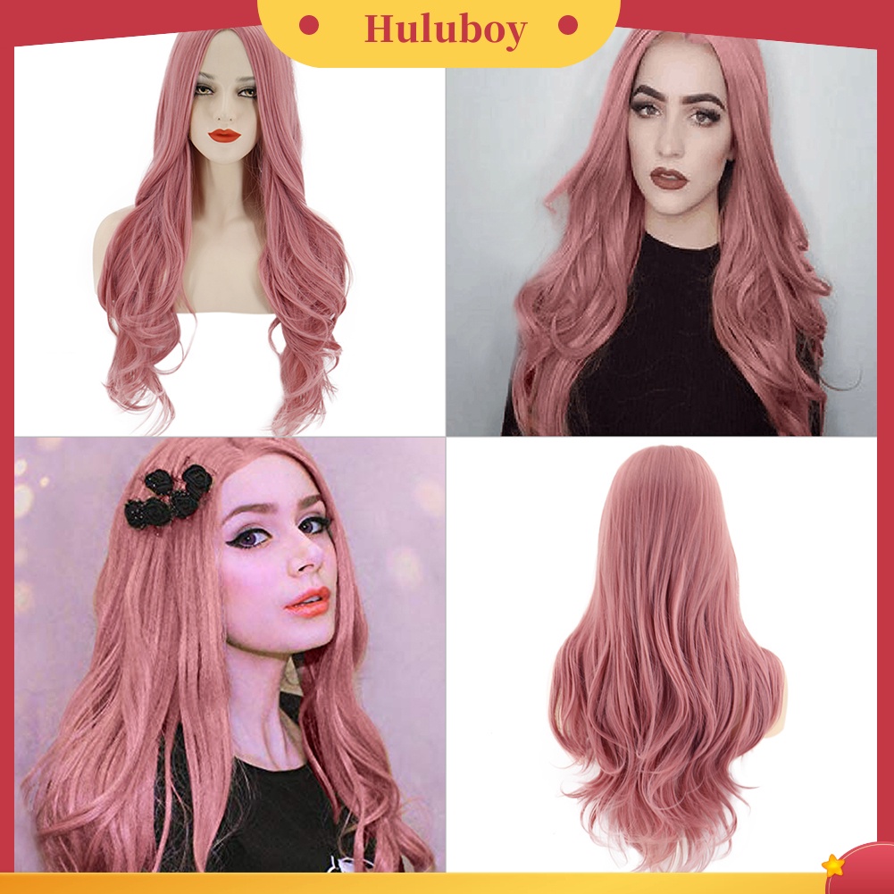 Wig Rambut Ekstensi Model Panjang Keriting Tahan Panas Warna Oranye Pink Untuk Wanita