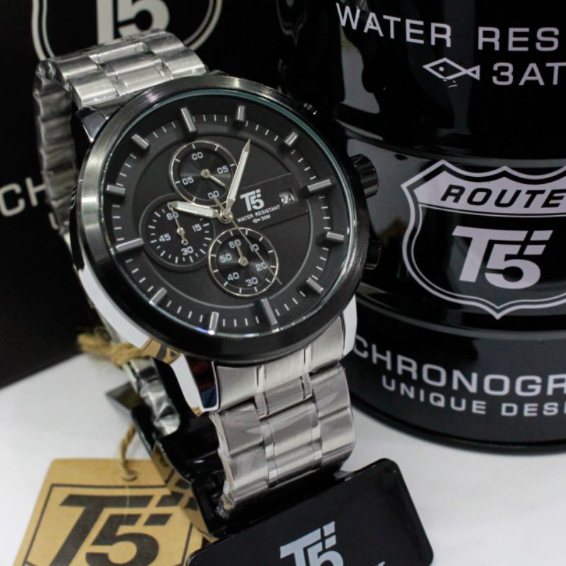 Jam tangan Original T5 chrono aktif model sporty rante Stell padat