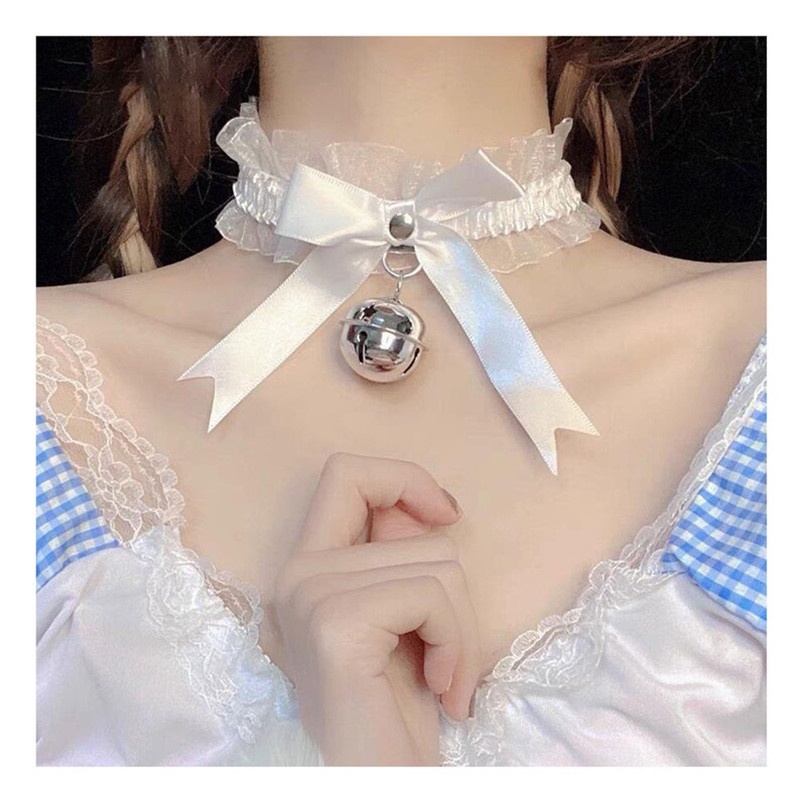 Kawaii Lolita Ikatan Simpul Bell Liontin Renda Choker Kalung Pernyataan Seksi Gaun Leher Gadis Cosplay Pesta Goth Punk Perhiasan