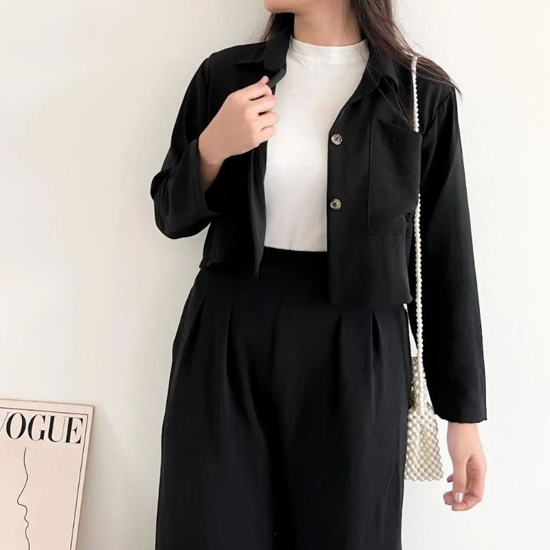 SETELAN WANITA SET CRINGKLE ONE SET CROP TOP BLEZER || KEMEJA CROP CRINGKLE || SET WANITA Terbaru