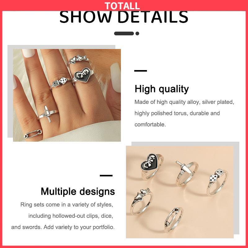 COD Domingo Ring Alloy peniti dadu love pedang retro silver cincin wanita fashion korea 5 set-Totall