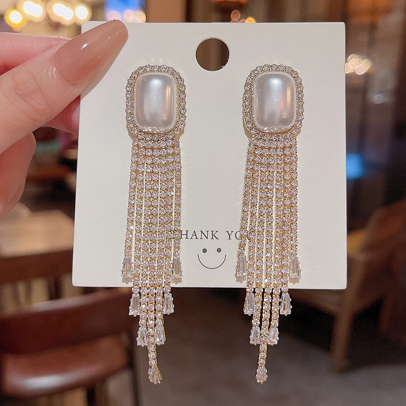 925jarum Perak Jarum Rumbai Panjang Zirkon Penuh Berlian Anting Perempuan Fashion Berlebihan Perhiasan