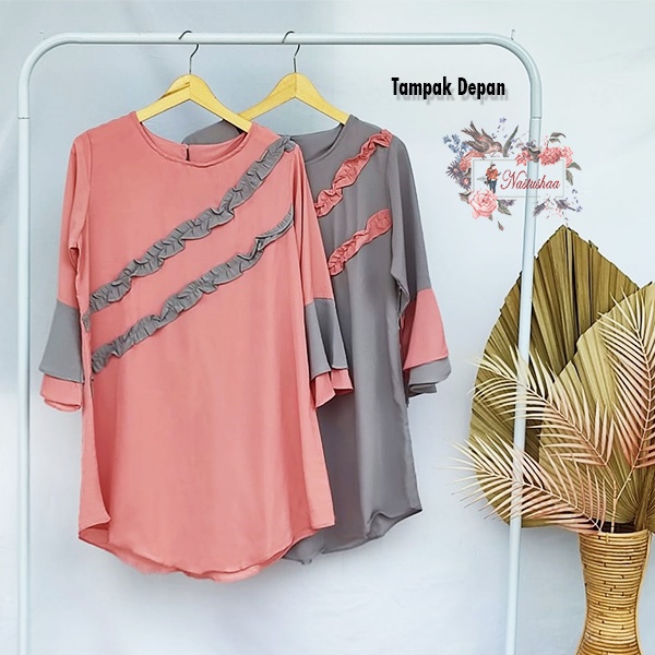 Tunik Wollycrepe Polos / Tunik Wanita Lengan Lonceng Tumpuk / Pakaian Atasan Wanita Lengan Panjang Variasi Rampel Bagian Depan