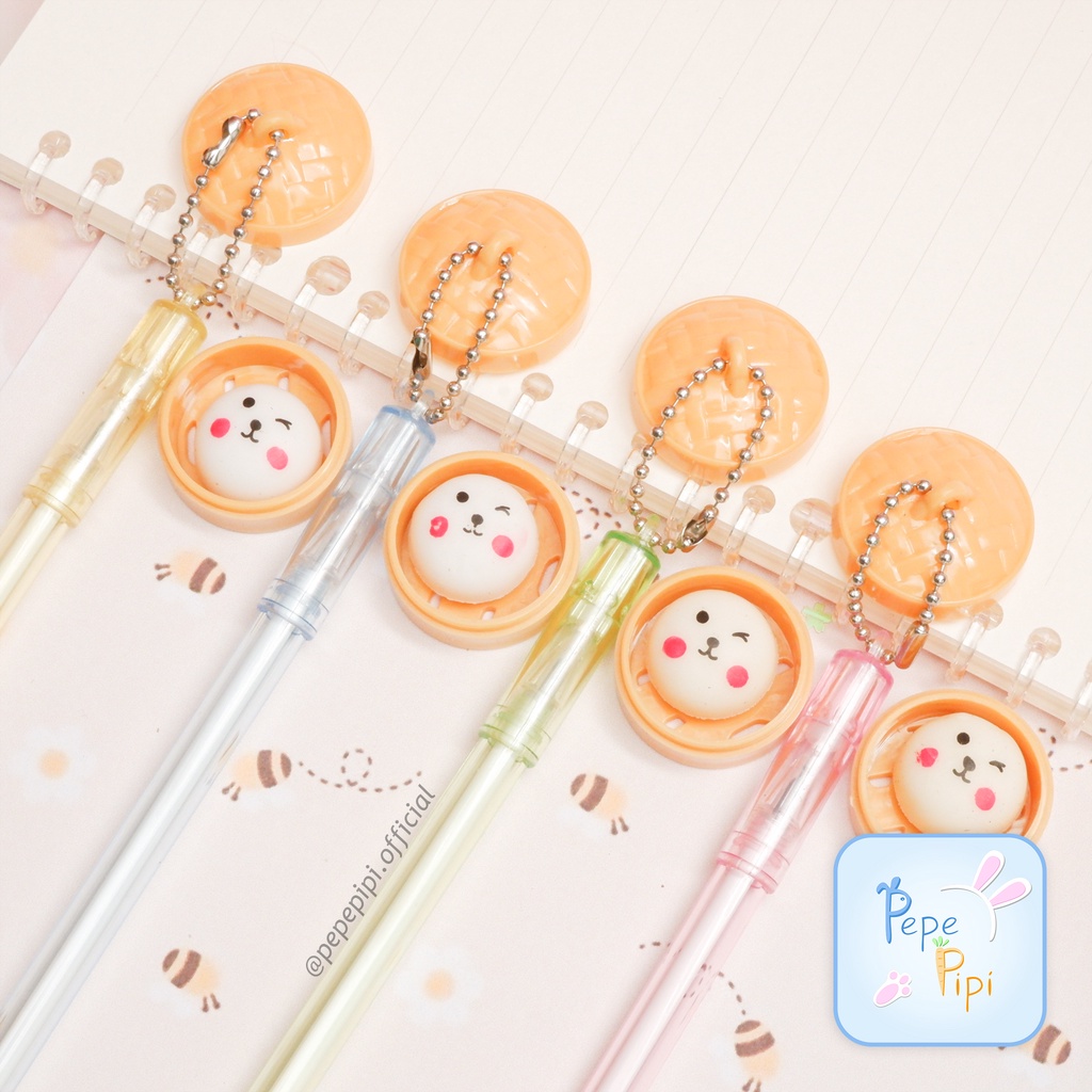 4 &amp;12 pcs Pena Gel Gantungan Dimsum Bapao Smile Pen Bolpen Pulpen Bolpoin Karakter