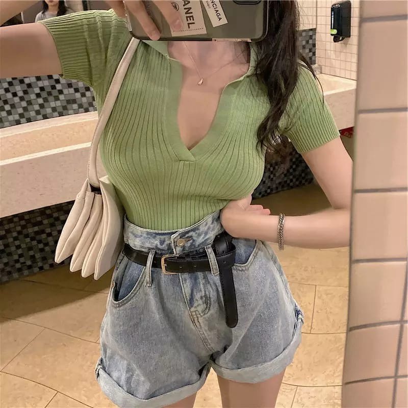 BEFAST - ZFS Rajut Crop DAYU Top Kerah Lengan Pendek / ELLA POLO CROP TOP / Crop Top Wanita Terlaris / Atasan Lengan pendek / Pakaian Kekinian Wanita Remaja / Crop Top Kerah V / Kaos Polos Casual / Fashion Ala Style Korean Trendy