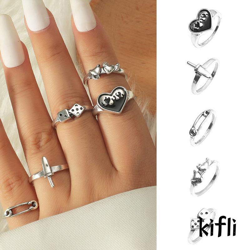 [KD]5pcs/Set Paper Clip Ring Antique Silver Vintage Ring