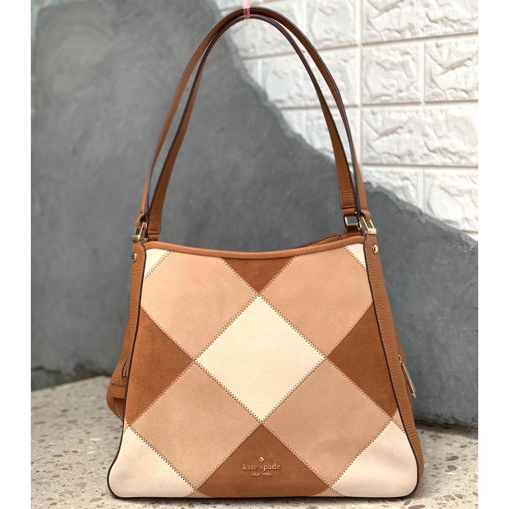 KS Leila Triple Compartment Shoulder Patchwork Suede Bag Warm Gingerbread