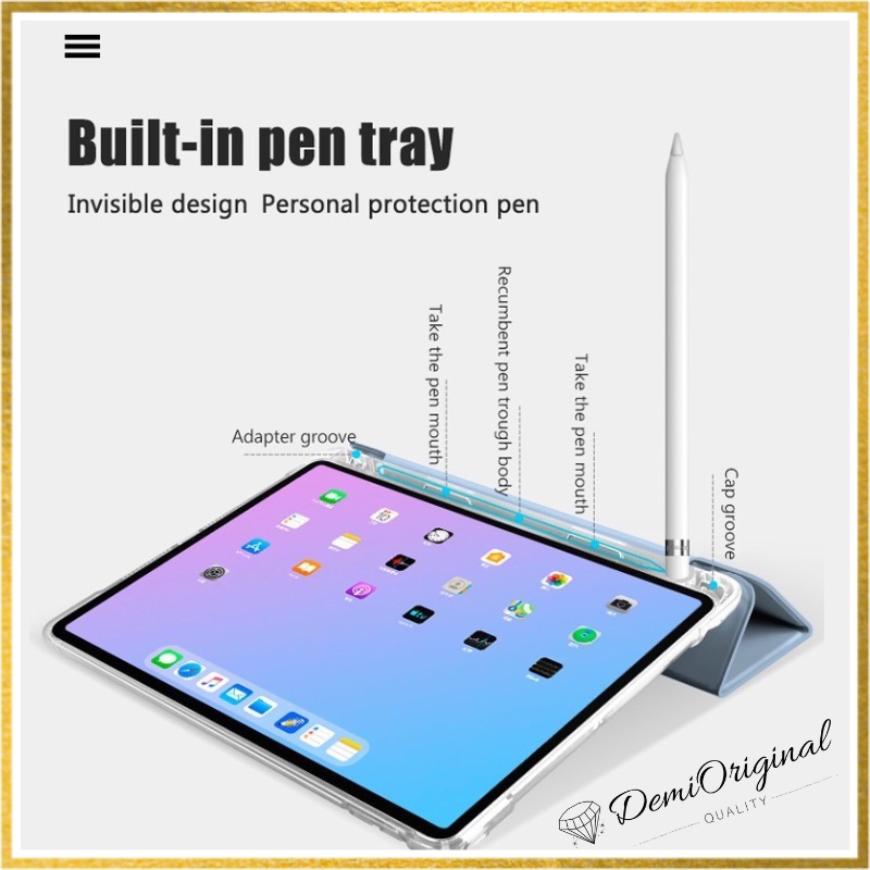 iPad Smart Soft Clear Magnetic Trifold Case Gen 7 / 8 / 9 / 10 Air 3 / 4 / 5 Mini 6 Premium High Quality with Stylus Pencil Holder Automatic Wake Sleep Function Ringan Lightweight