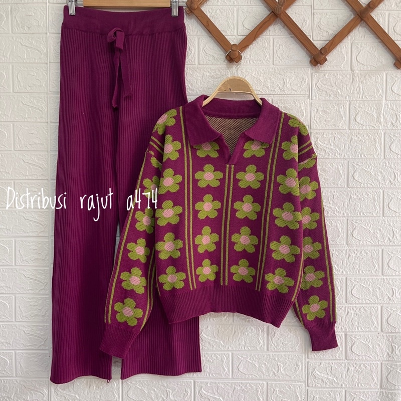 ONESET SWEATER AGNES MOTIF BUNGA SETELAN CELANA KULOT RAJUT