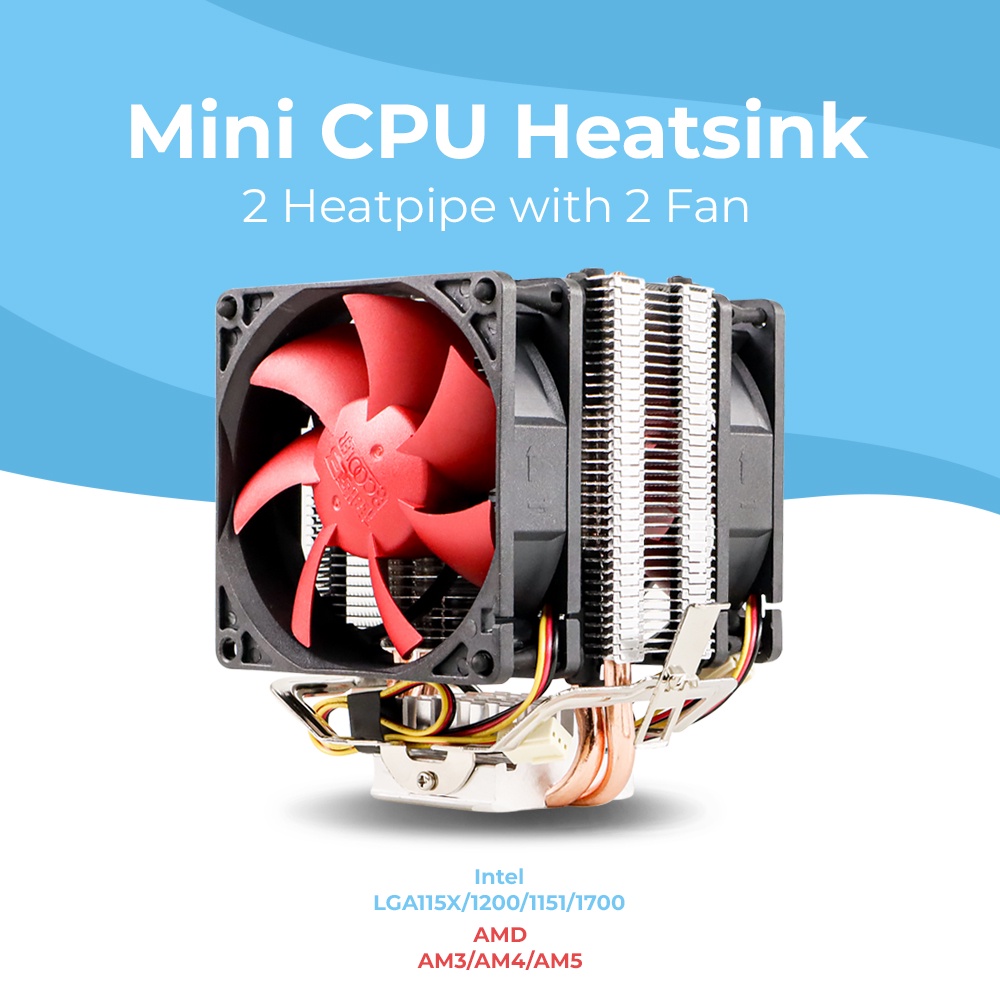 PcCooler Mini CPU Heatsink 2 Heatpipe with 2 Fan 80mm - HS115 - 7JCF01BQ Black/Red