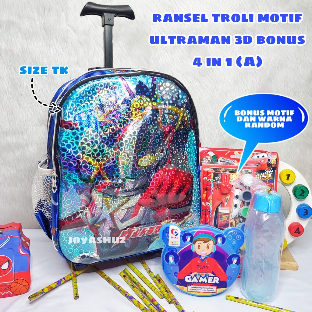 Tas Troli Anak Laki Laki Karakter Cars Gratis Bonus - Ransel Anak Laki-laki - Ransel Troli Anak TK - Troli Ultraman 3D - Tas Gratis Botol -  Tas Sekolah Anak Troli - Ultraman Cars - Tas Dorong Cars - Joyashuz