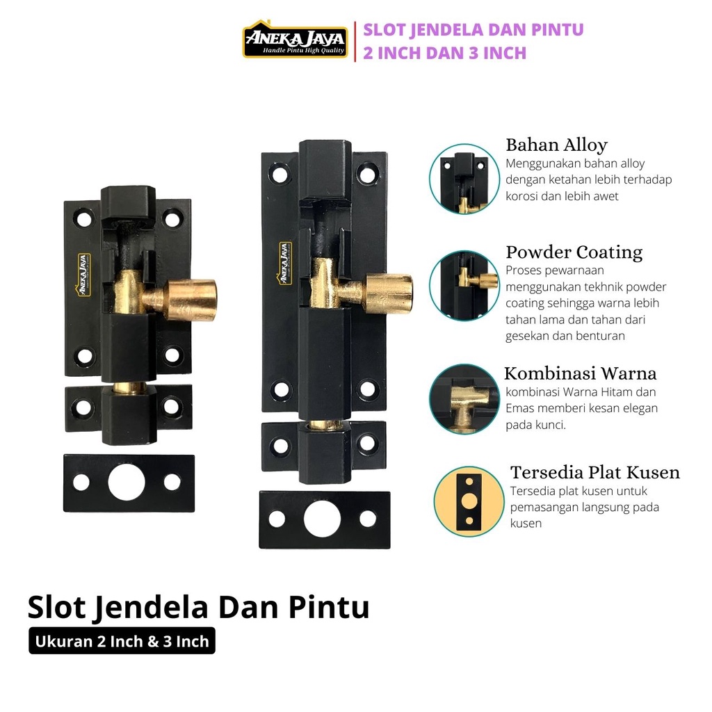 Grendel Slot Jendela Dan Pintu Hitam - Ukuran 2 inch 3 Pengunci Kunci Tambahan Allumunium