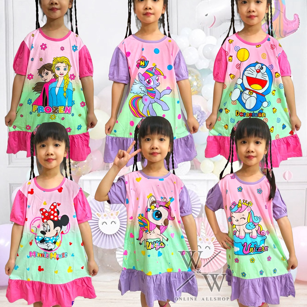Hp Daster Dress Terusan Tunik Anak Katun Sablon Printing Frozen Unicorn Doraemon Minniemouse