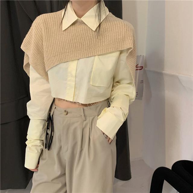 Suhao musim gugur setelan dua potong gaya Korea ceruk desain selendang top longgar bagian pendek all-match kemeja lengan panjang fashion wanita